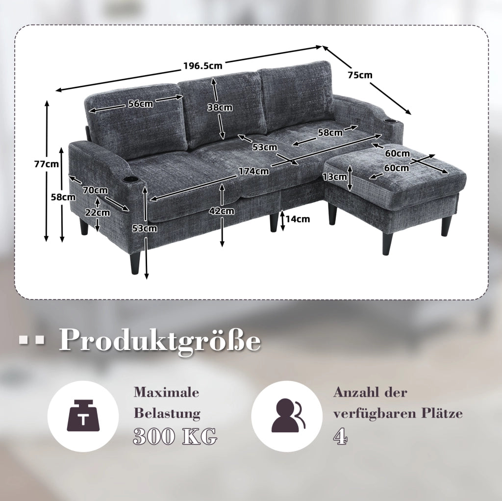 Divano 4 posti con pouf contenitore; portabicchieri e tasche laterali; grigio