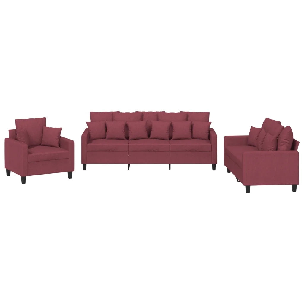 Set di Divani 3 pz con Cuscini Rosso Vino in Tessuto 3201638