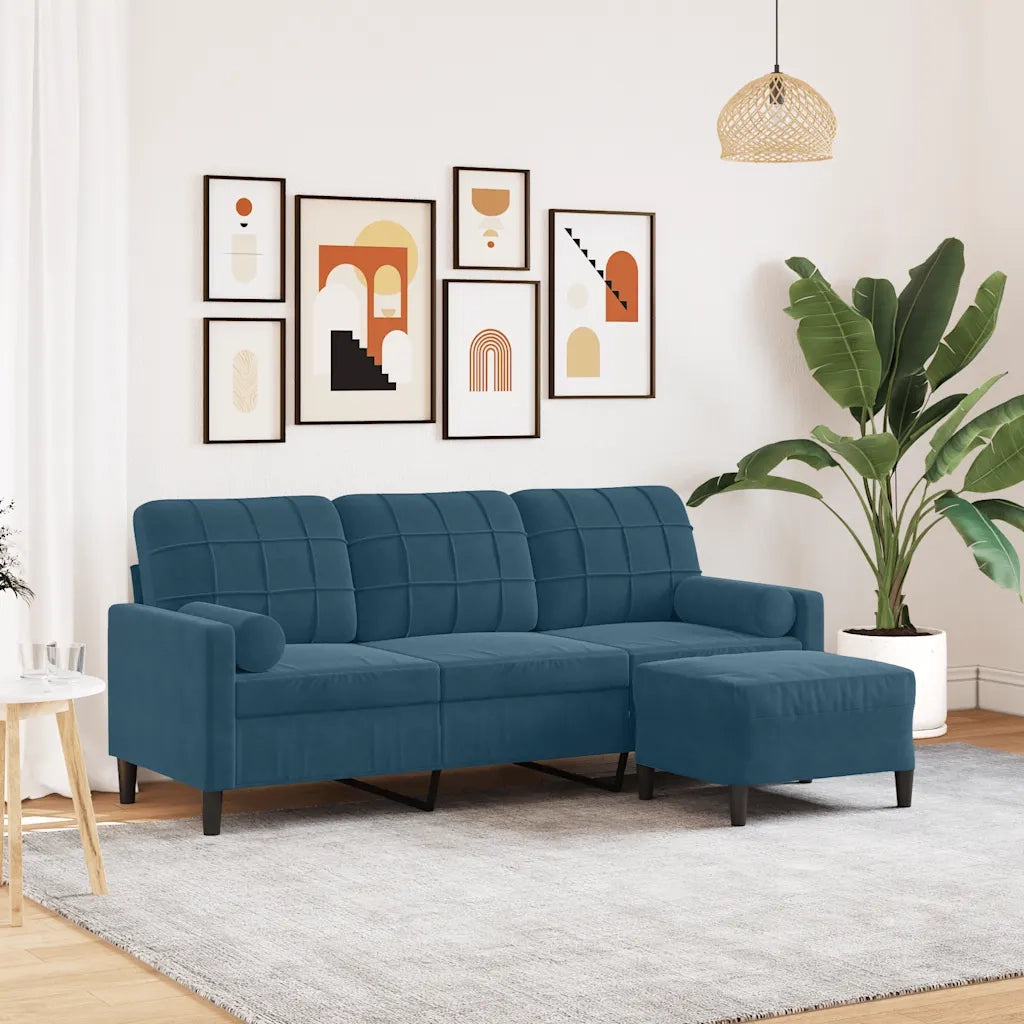 Divano a 3 Posti con Poggiapiedi Blu 180 cm in Velluto