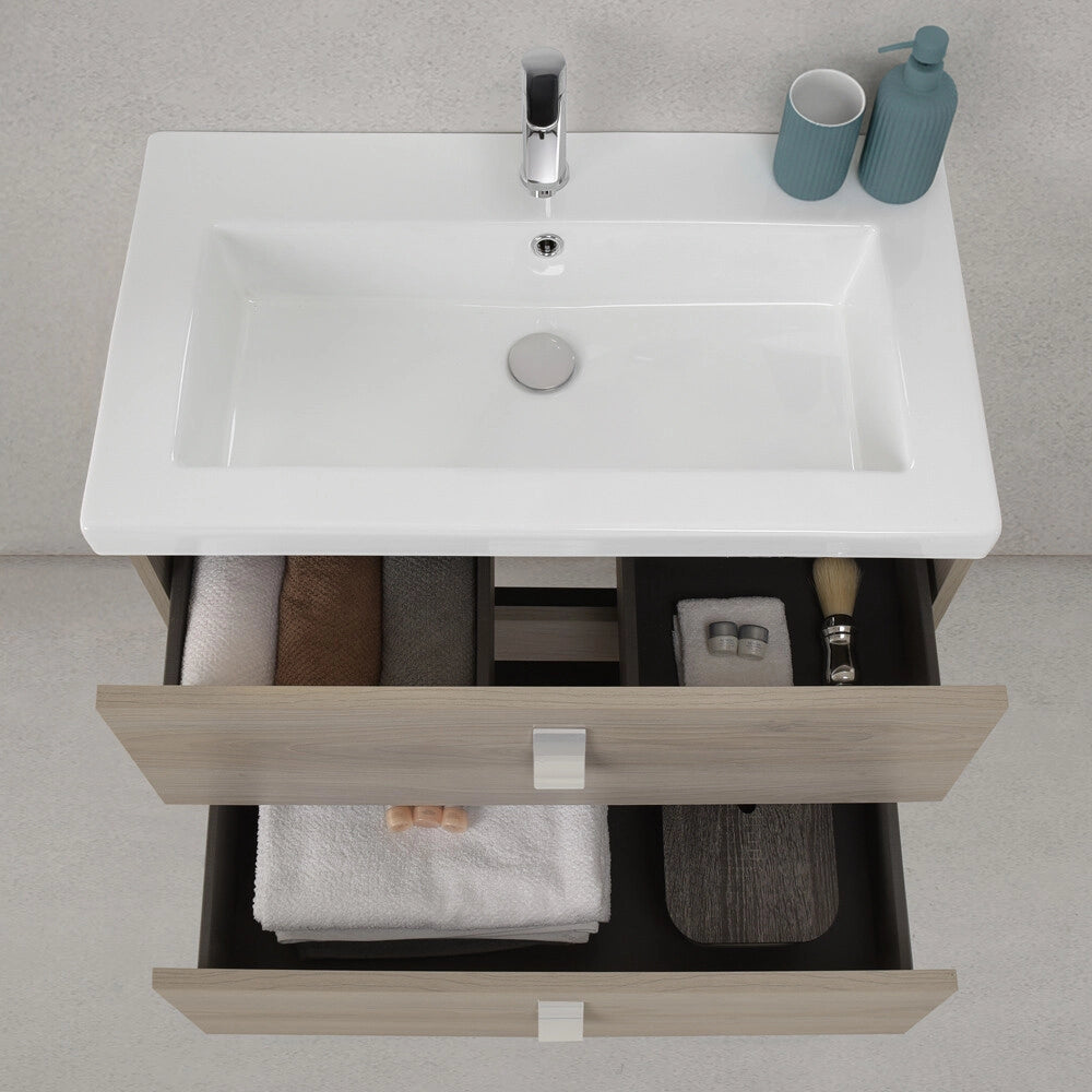 Mobile bagno sospeso 80 cm in rovere grigio con lavabo e specchio tondo Bravo