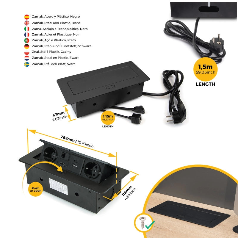 Multiconnettore Atom 26, 225x111mm, 2 prese Schuko, 1 USB tipo A, 1 USB tipo C, 1 RJ45, 1 HDMI, Zama-Acciaio-Plastica,..