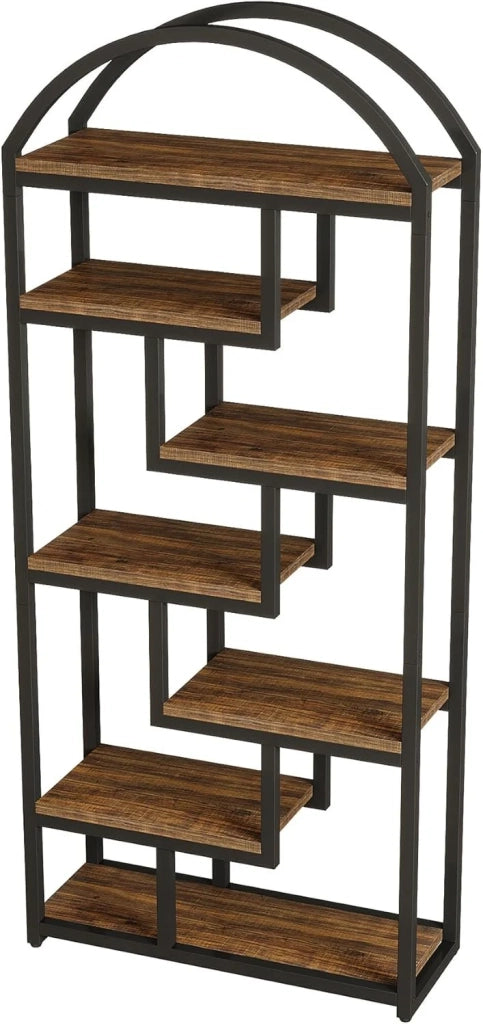 Libreria a 7 ripiani in MDF e metallo nero, scaffale industriale aperto con finitura marrone rustico, h 180 cm