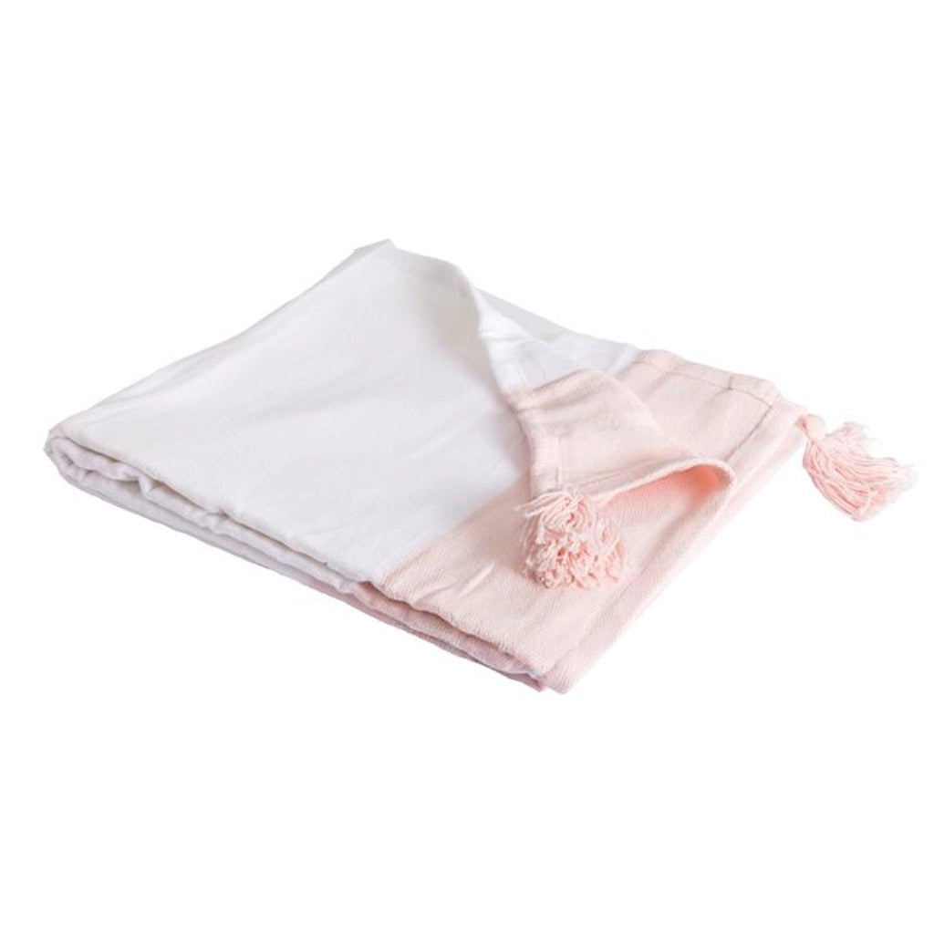 100% cotone rosa pallido coperta a quadri con pompon 130x170cm SLAVANN