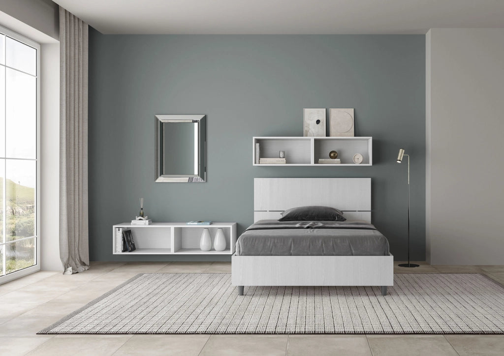 BS COM Letto una piazza e mezza con rete 120x190 testata dritta bianco frassino