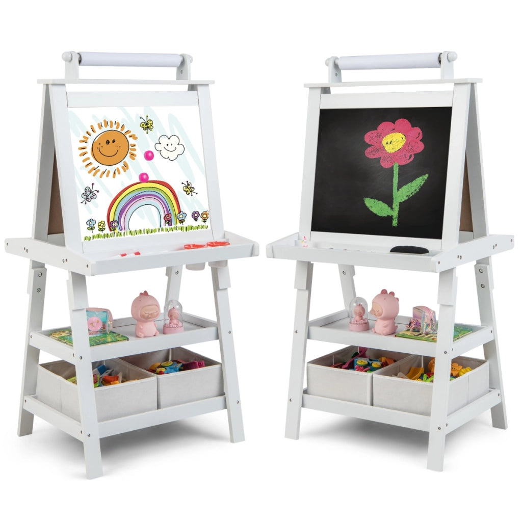Cavalletto double face 3 in 1per bambini, Treppiede con lavagna bianca e nera e rotolo di carta Beige