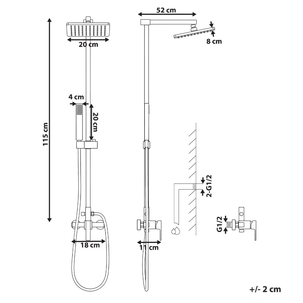 Set Miscelatore Moderno Doccia A Pioggia In Ottone Dorato A Parete