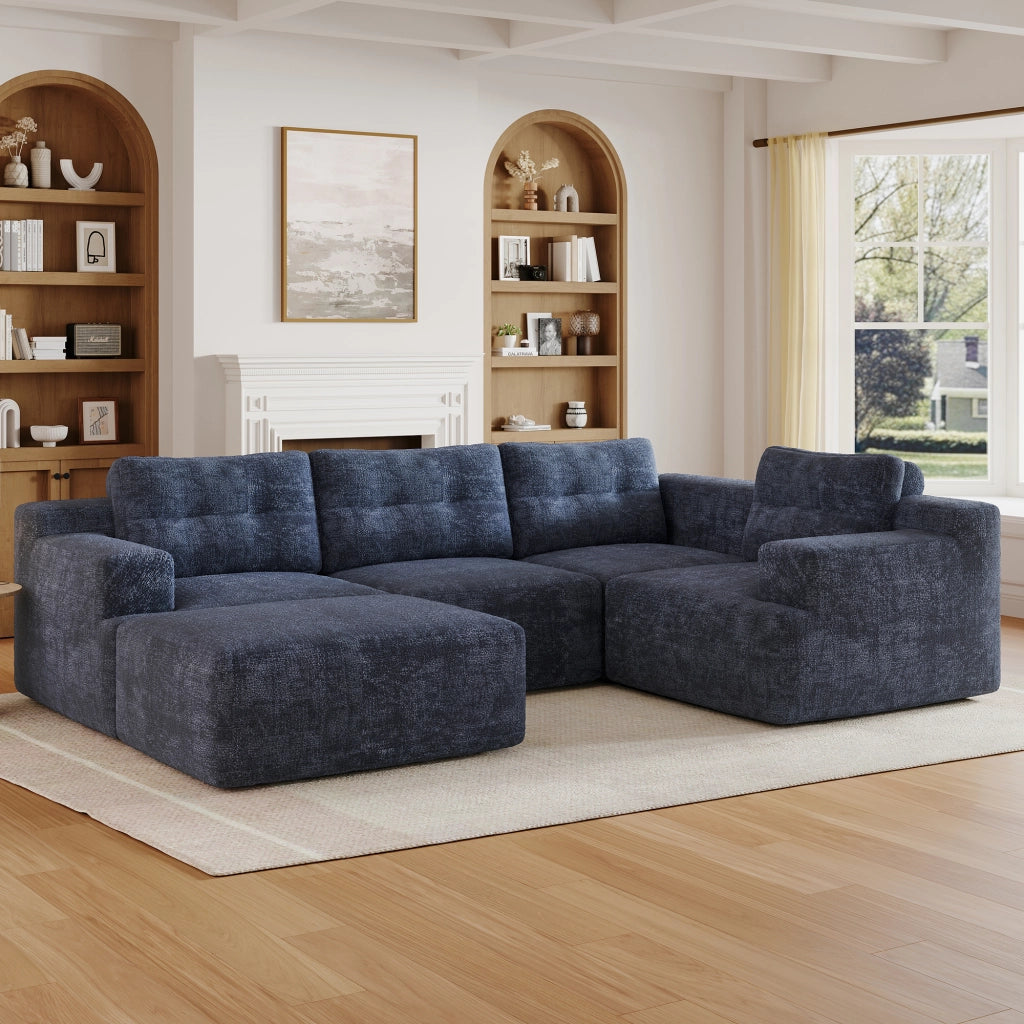 Divano modulare 5 posti con pouf e schienale alto in chenille blu 252 × 180 × 82 cm