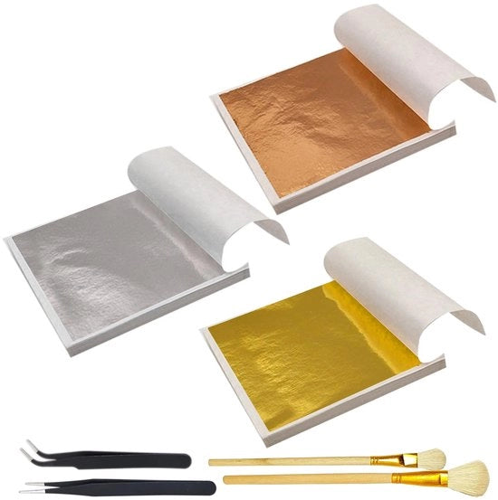 Imitazione Foglia d'Oro 300 Fili - Carta Oro 8 x 8,5 cm - Decorazione Artigianale - Progetti DIY - Inclusi Pennelli/Pennelli - Per Lavori Precisi
