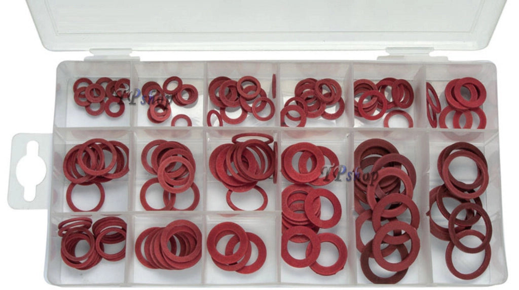 150 PZ GUARNIZIONI COMPRESSE IN FIBRA 14 MISURE DIVERSE ANELLI RONDELLE PIATTE