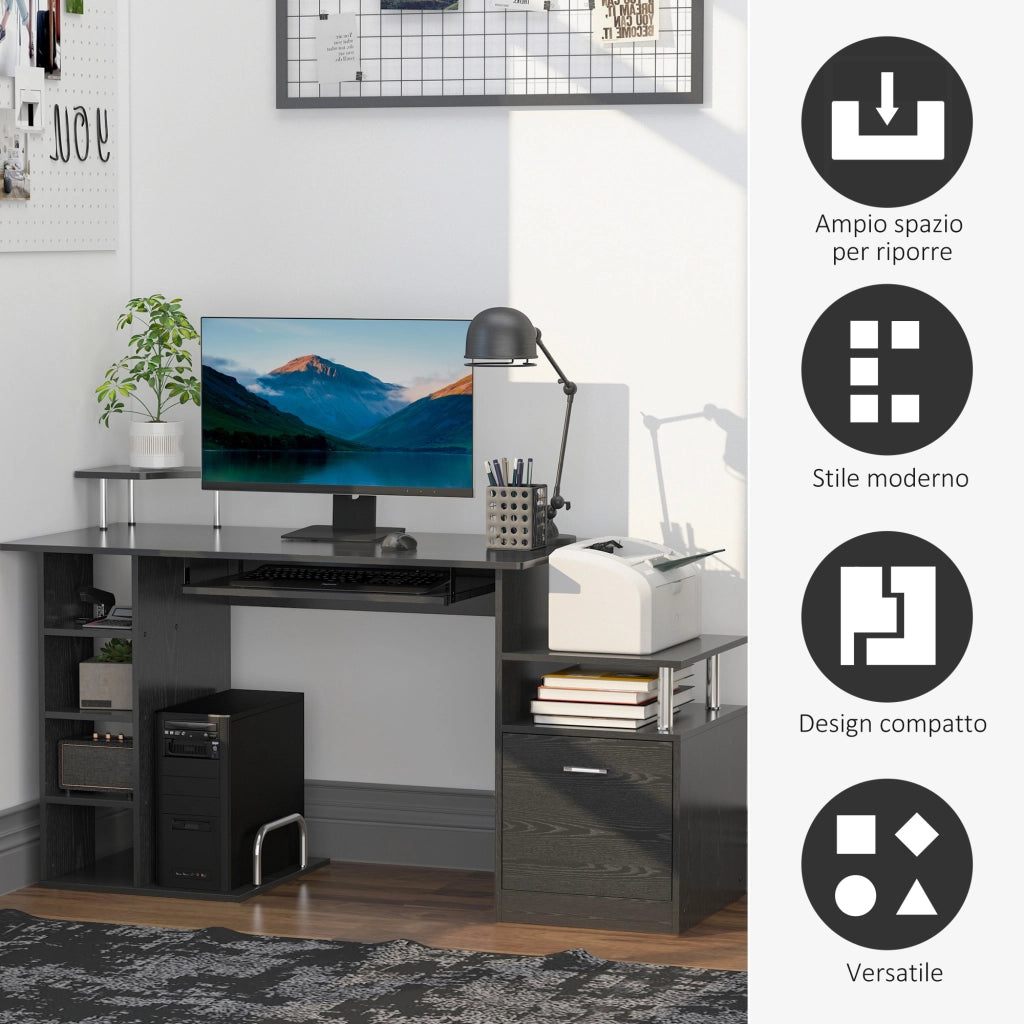 Scrivania per Computer Moderna con Cassetti e Ripiani ¨C Minimal ¨C Legno Nero 152x60x88cm
