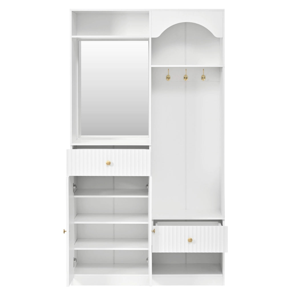Mobile da ingresso, appendiabiti, con specchio e panca, 2 cassetti, 3 ganci, bianco