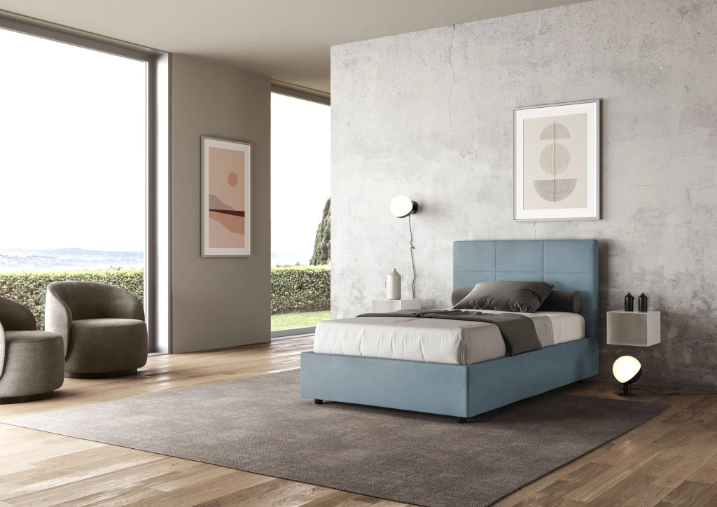 BS COM Letto una piazza e mezza con rete imbottito 120x210 microfibra azzurro