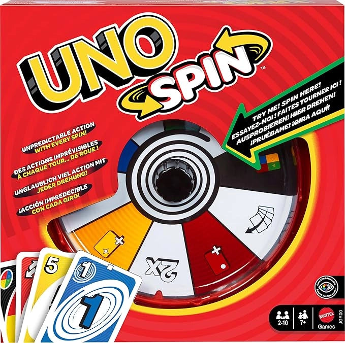UNO Spin, versione dell`iconico gioco con spinner e nuove regole, carte speciali per girare la ruota con diversi comandi