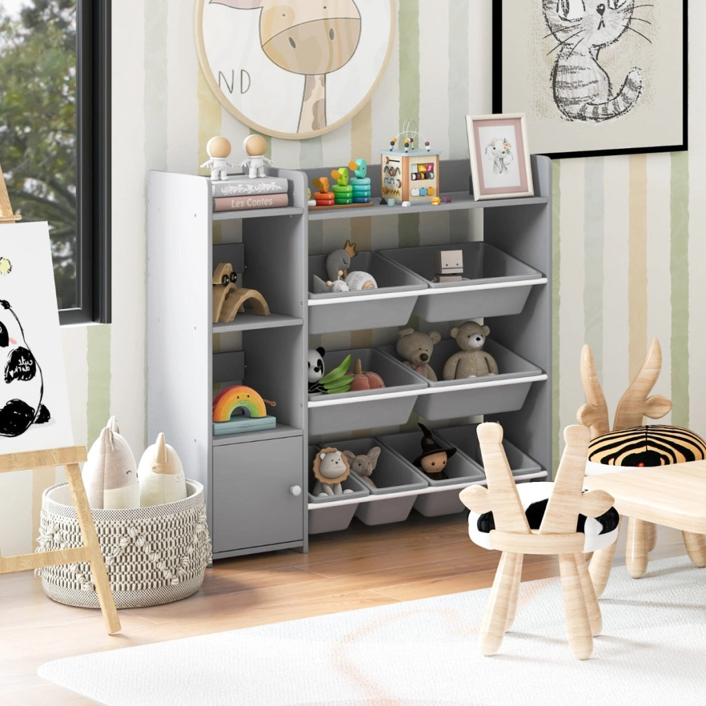 Mobile porta giochi per bambini con 8 contenitori 1 anta, Libreria e scaffale per giocattoli a 4 livelli Grigio-Scaffalature
