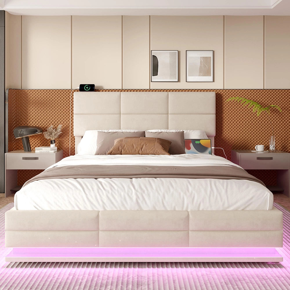 Letto 140x200cm?- Xylo - velluto USB LED idraulico beige