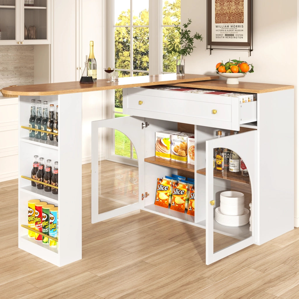 Tavolo da Pranzo con Scaffale a 3 Livelli; Ante in Vetro e Rotazione 360; in MDF; 138-204x39x104 cm; Bianco