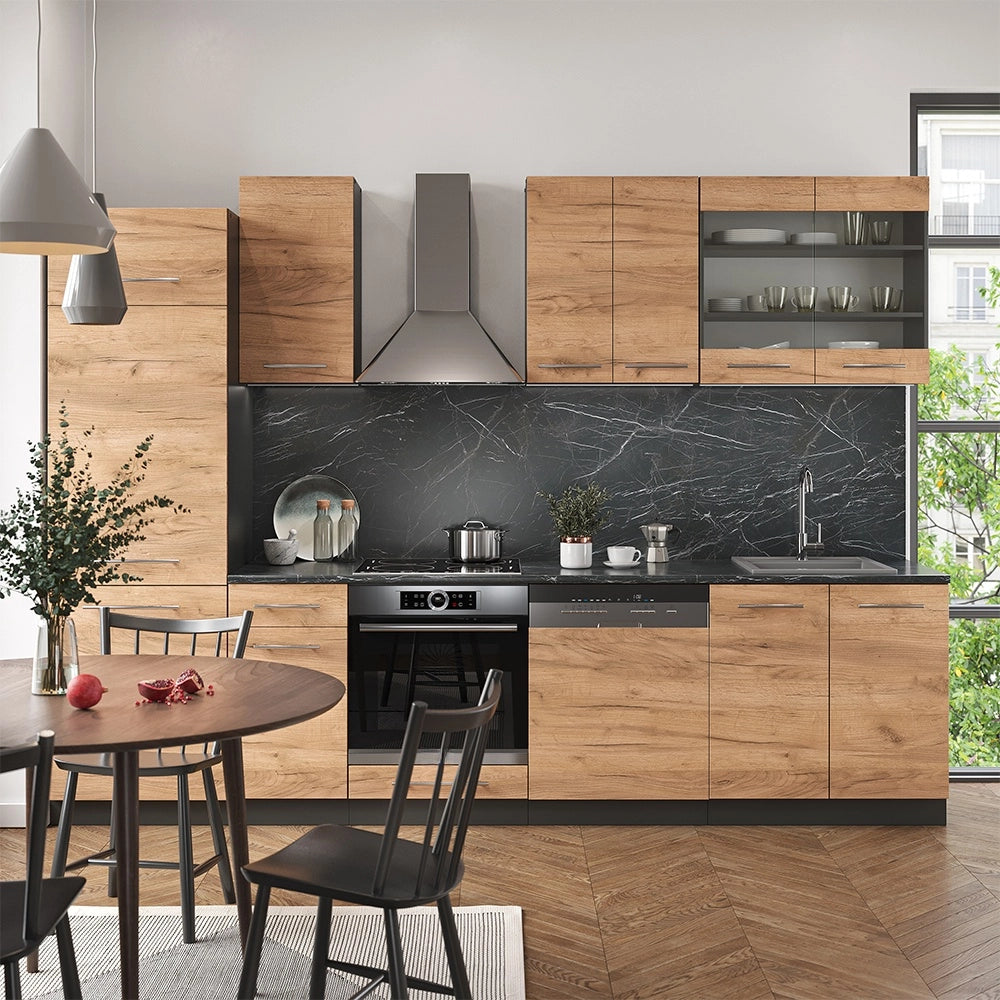 Cucina componibile Fame-Line Rovere dorato/Antracite 300 cm, PL Marmo Vicco