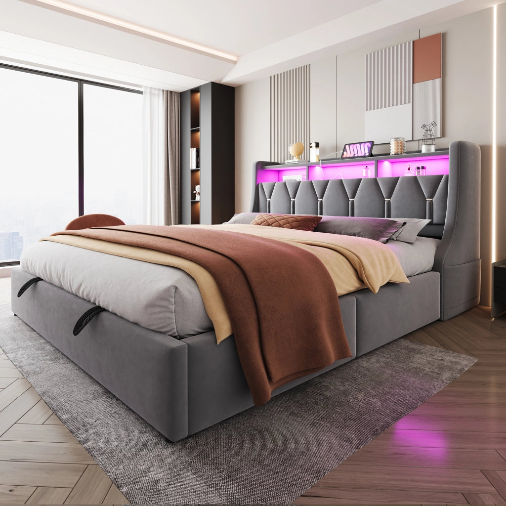 DESMIU Letto Matrimoniale 180 × 200 cm con Contenitore idraulico, USB, Type-C, LED, senza materasso, in velluto, grigio