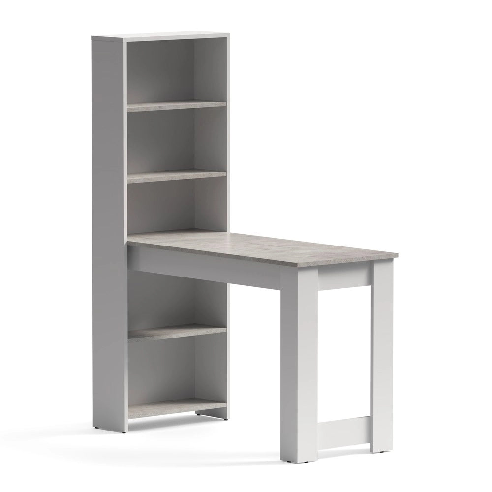 Tavolo penisola Mojo02 con Libreria Integrata Bianca e Piano Effetto Cemento