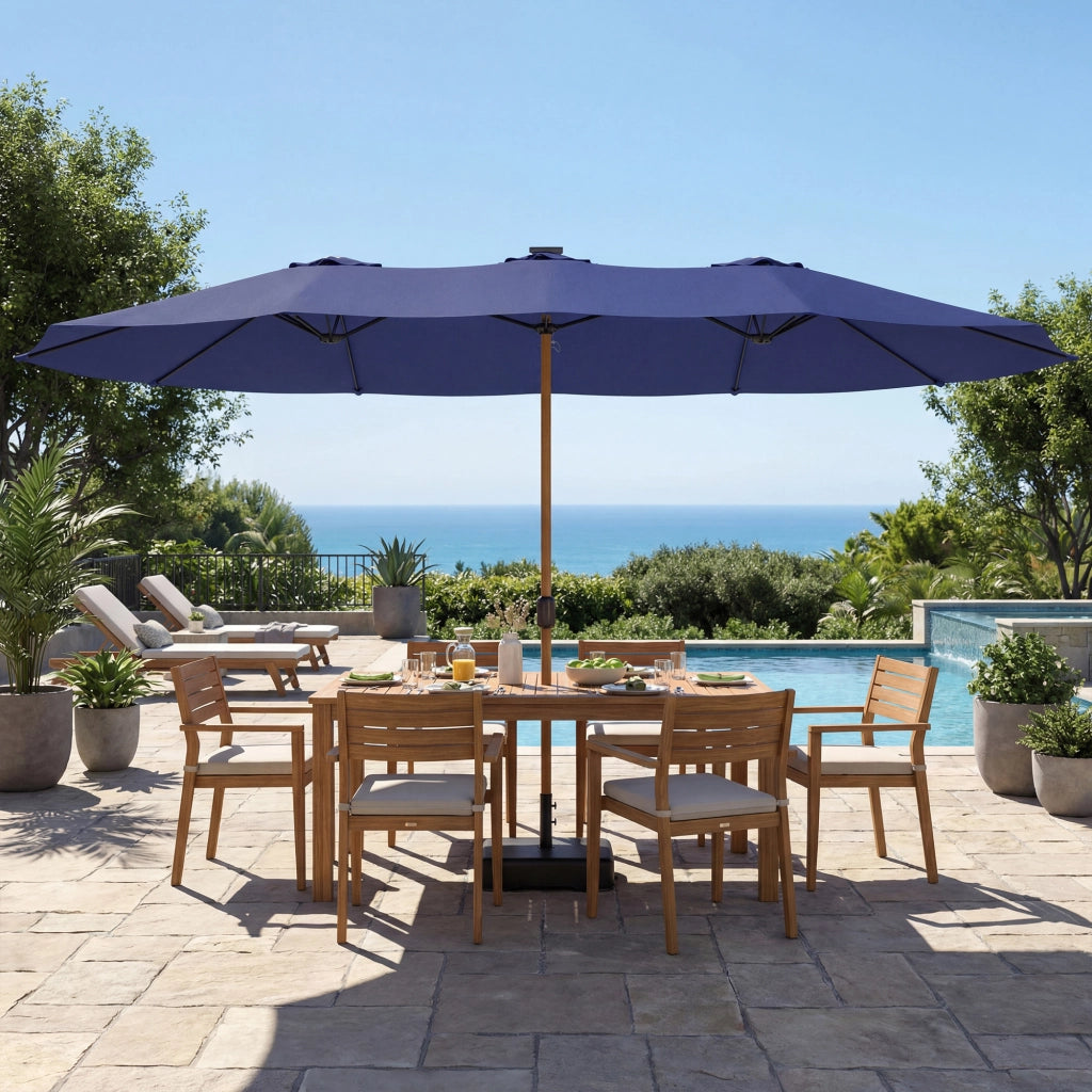 Ombrellone Doppio 467x281x238 cm a 12 Stecche con Manovella Base a Croce e Sacchi di Sabbia Blu Scuro