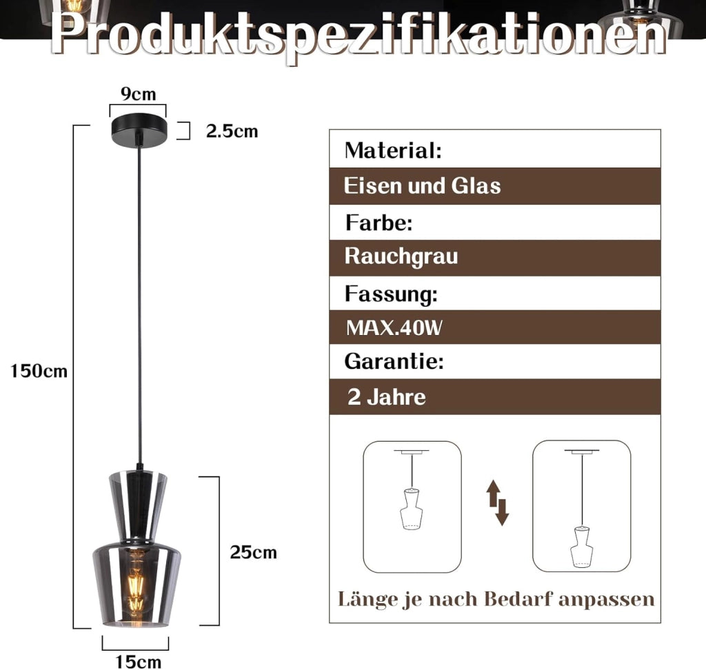 Lampada a Sospensione ZMH 1 luce grigio fum¨¦ E27 per sala da pranzo e camera da letto d¡®albergo