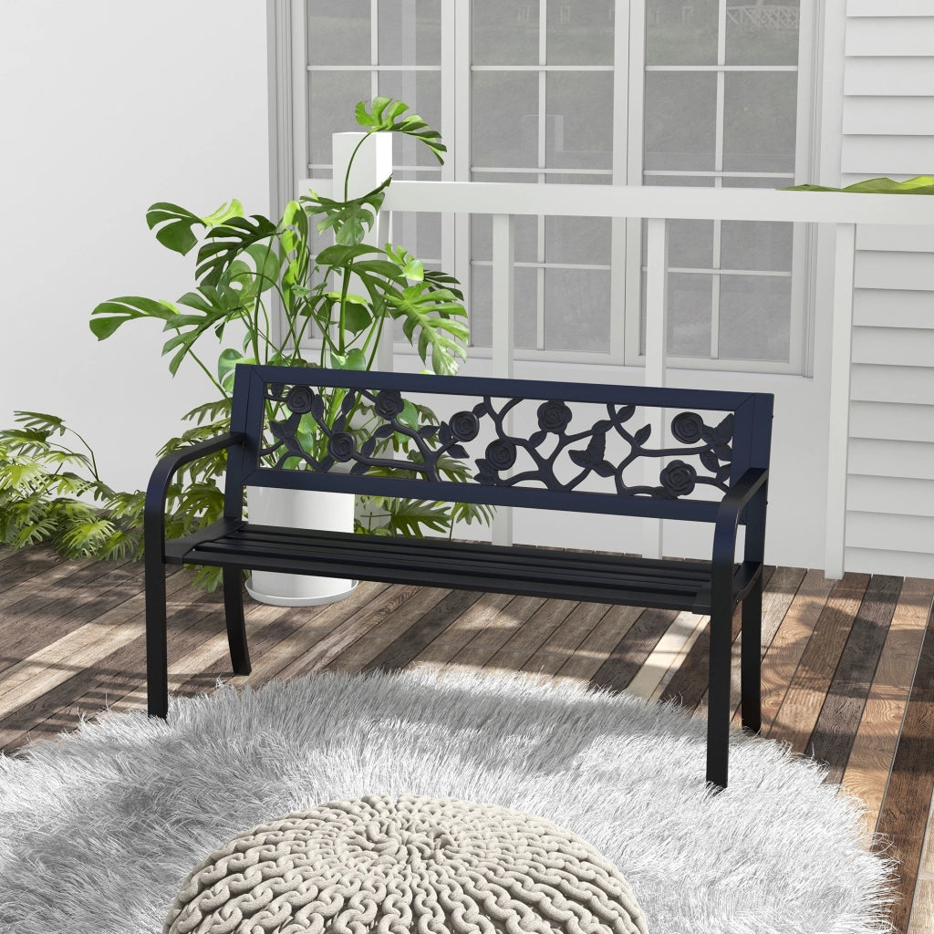 Panchina da Giardino 2 Posti ¨C Xylo ¨C Acciaio Nero con Schienale Decorato e Braccioli 127x50x75cm