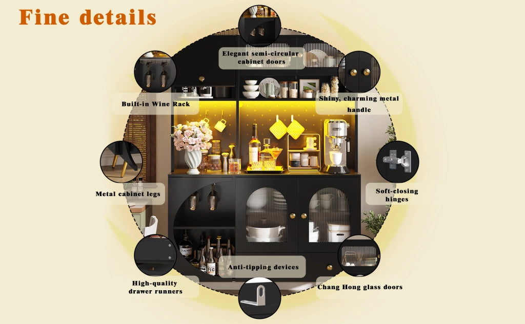 Mobile Credenza con LED, USB e Prese ¨C MINIMAL ¨C Nero, Vetro, Cassetto