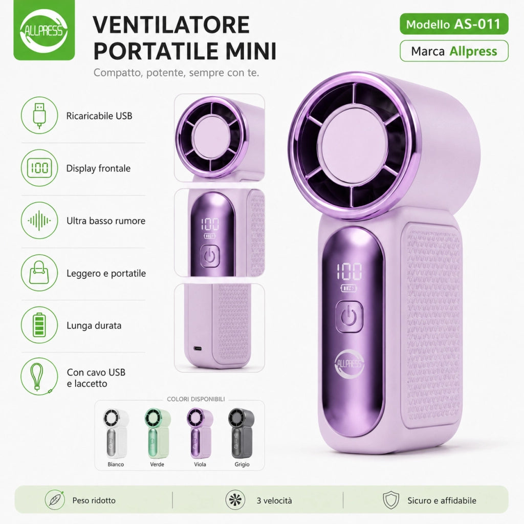 MINI VENTILATORE PORTATILE USB RICARICABILE DISPLAY VIAGGIO VELOCITA' CASA AS011
