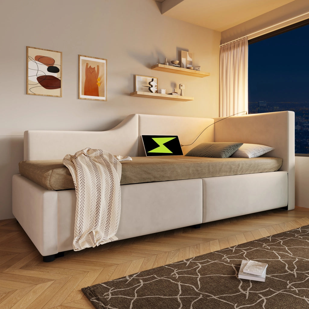 LETTO Daybed 90x200 cm in velluto beige con stoccaggio idraulico, lampada e USB-C