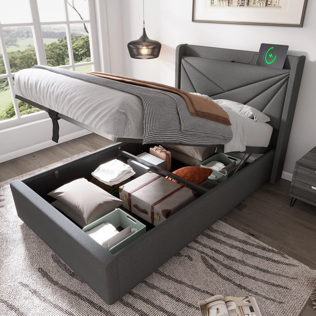 LETTO Contenitore 90x200 cm Grigio in cotone e lino con USB e Type-C