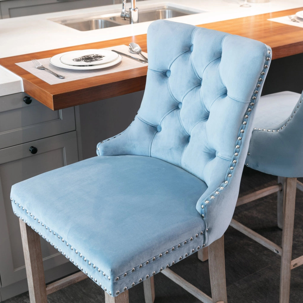 Sgabelli da Bar in Velluto con Gambe in Legno ¨C MINIMAL ¨C Set 2 Pezzi, Azzurro Chiaro