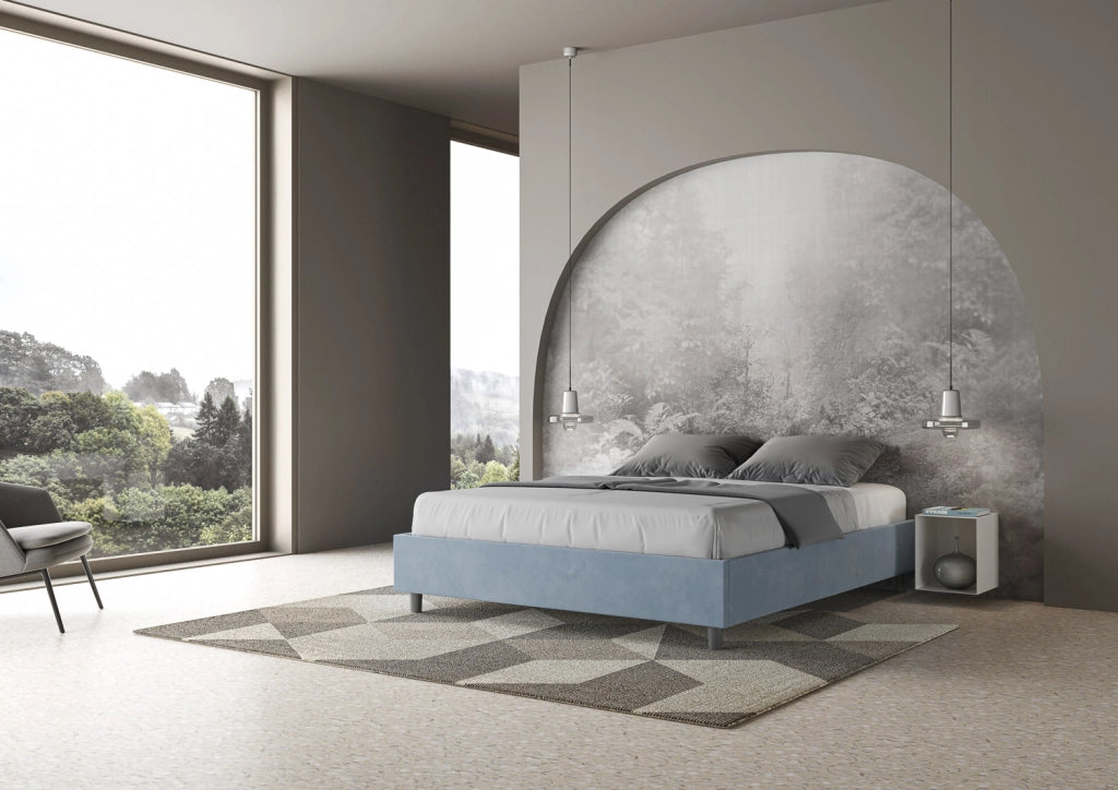 BS COM Letto matrimoniale francese contenitore imbottito 140x190 microfibra azzurro