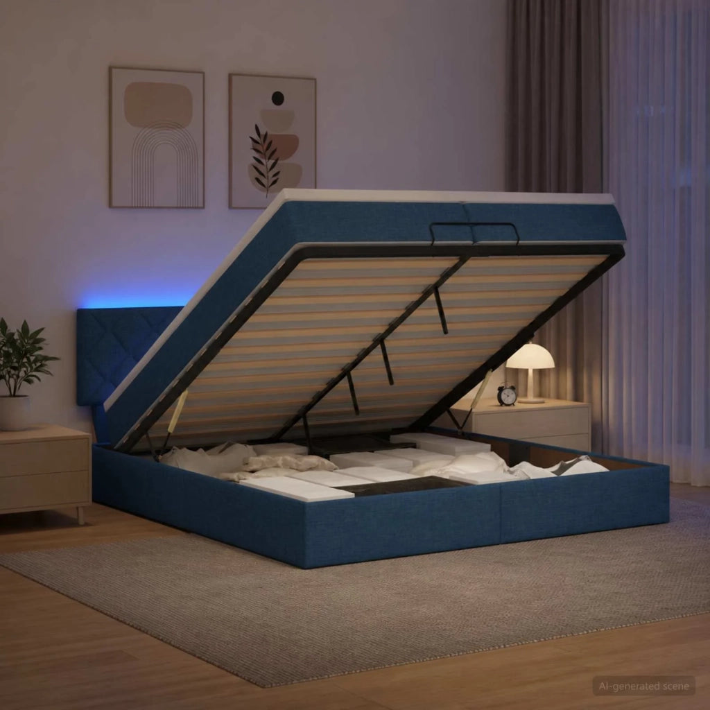 Letto Ottomano con Materasso e LED Blu 200 x 200 cm Tessuto 3457022