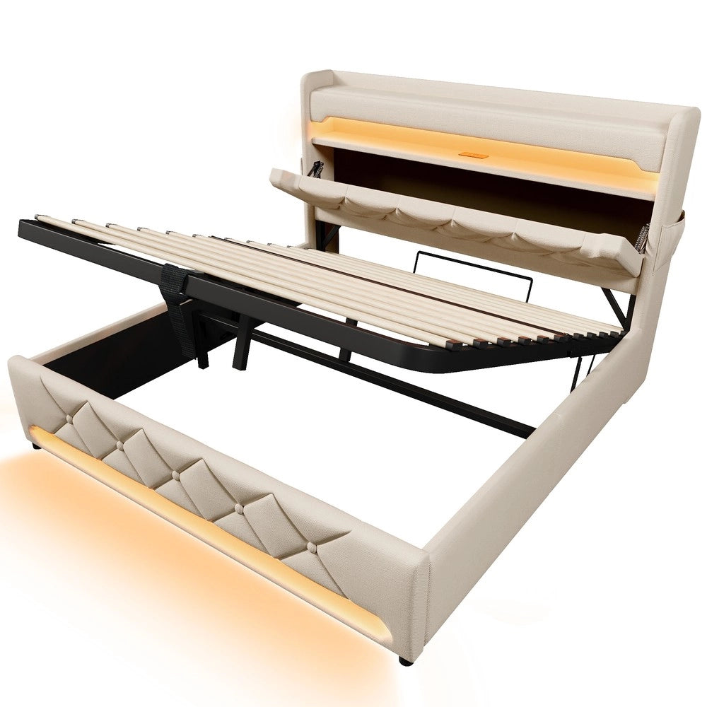 Letto Contenitore Matrimoniale Imbottito con LED e USB ¨C MINIMAL ¨C Beige 160x200
