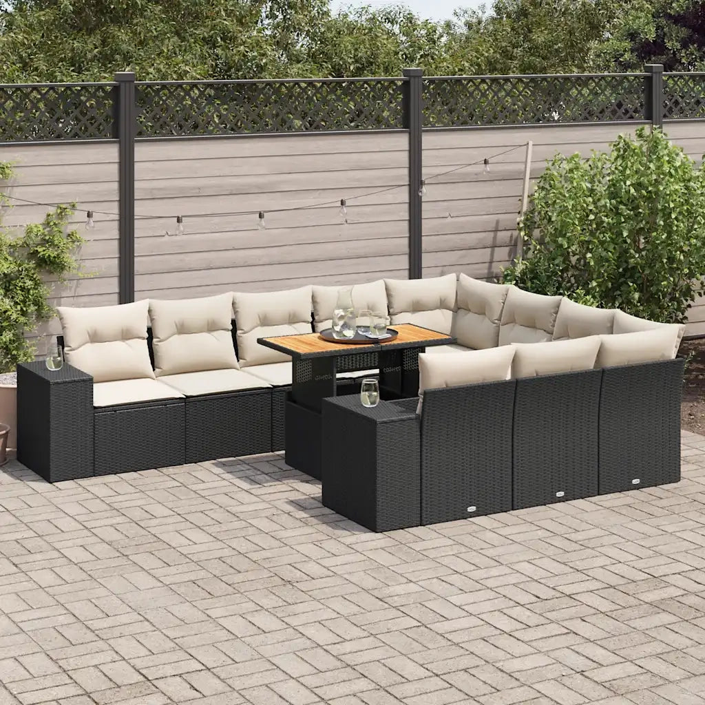 Set Divani Giardino 10pz con Cuscini Nero in Polyrattan Acacia 3327423