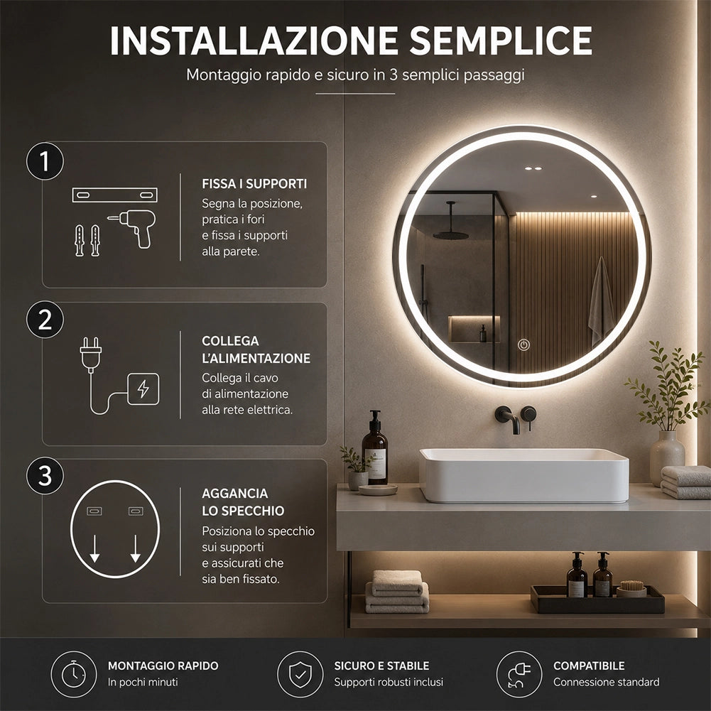 Specchio Rotondo Ø60cm LED a 3 Colori Dimmerabile Accensione Touch