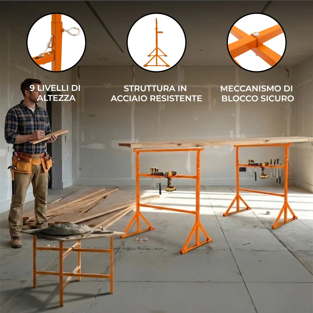 Cavalletti x2 + Supporti Tavola Malta x3 75cm Acciaio Heavy Duty