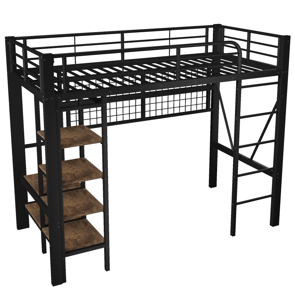 Letto a soppalco 90x200 cm in metallo e MDF con LED; ripiano e griglia; nero