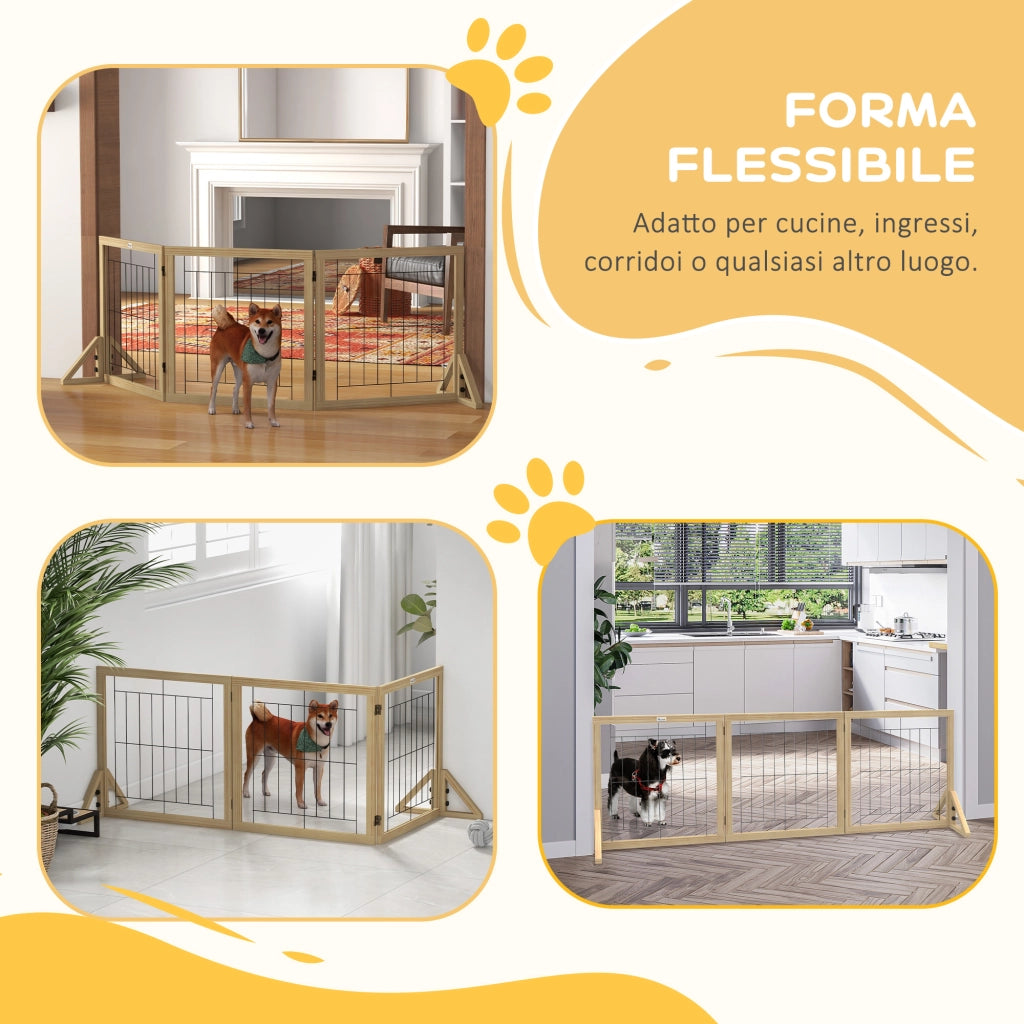 Cancellino Pieghevole per Cani ¨C Xylo ¨C 3 Pannelli, Legno Naturale, 210x70 cm