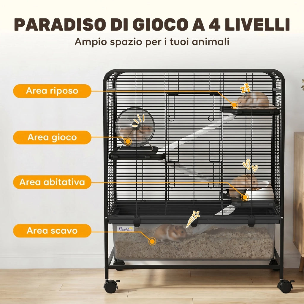 Gabbia per Conigli 4 Livelli ¨C Minimal ¨C Nero Acciaio con Ruote