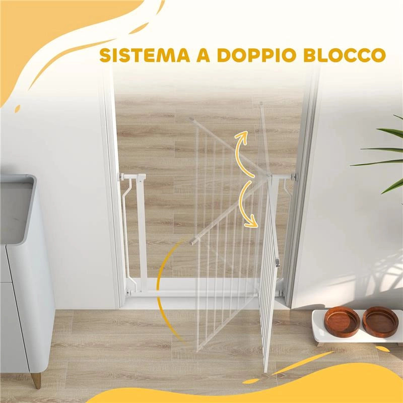 CANCELLETTO PER CANI ESTENSIBILE E REGOLABILE PER SCALE E PORTE, IN ACCIAIO E ABS, 75-85X76 CM, BIANCO