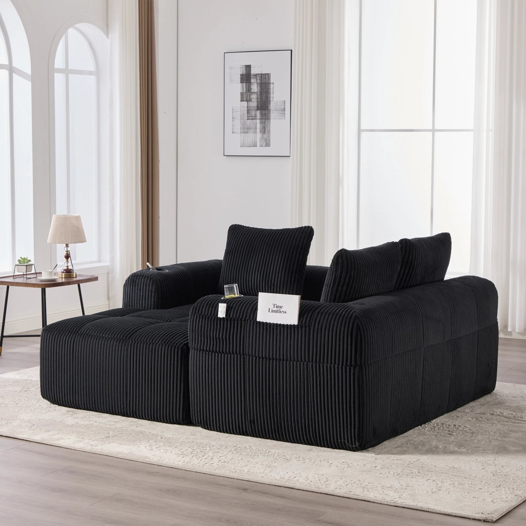 Divano Compatto in Tessuto a Coste con Cuscini ¨C MINIMAL ¨C Nero, Modulare, Portabicchieri
