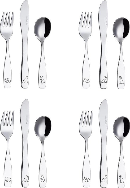 Set di posate per bambini - 12 pezzi - Acciaio inossidabile - Disegno inciso