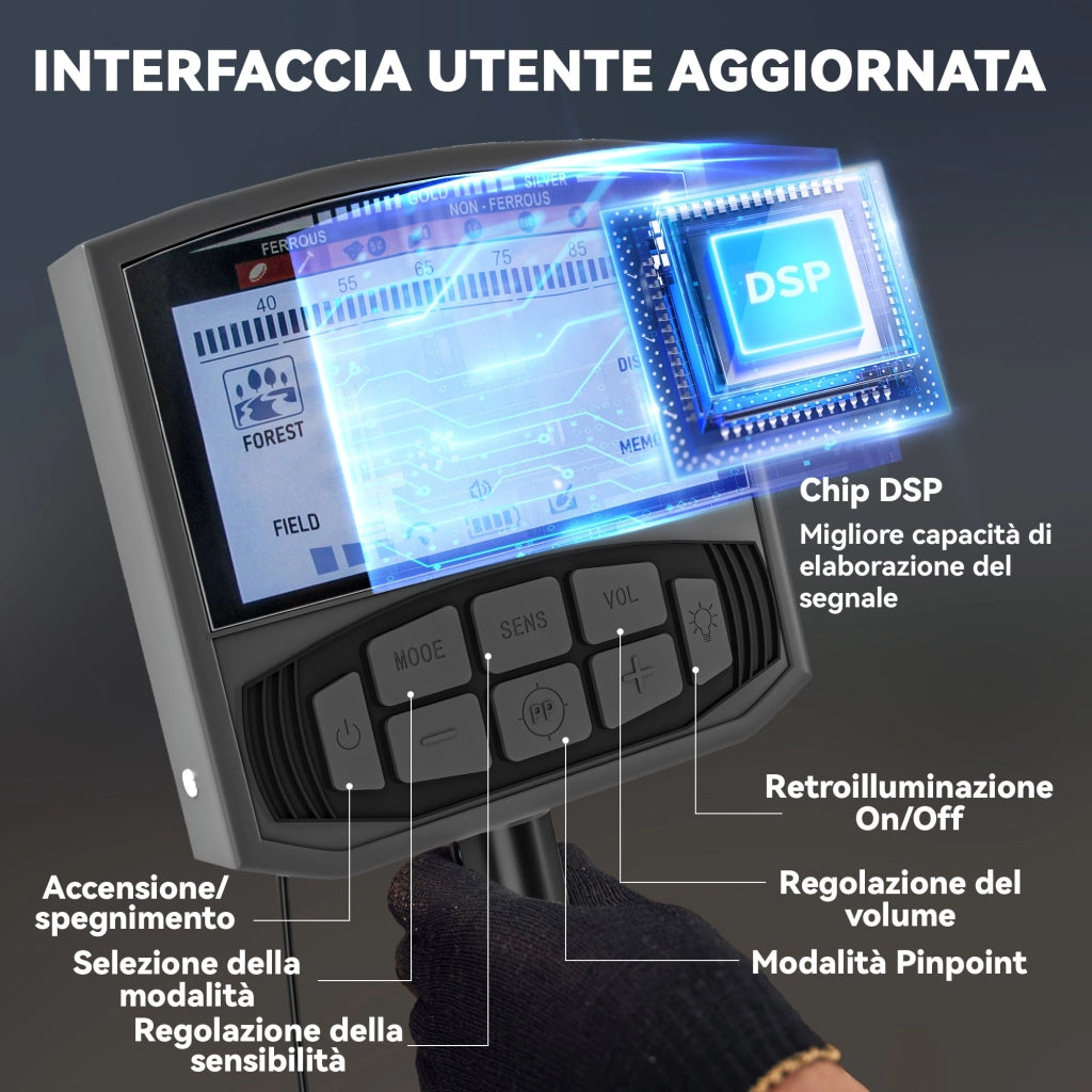 Metal Detector Professionale con 5 Modalità IP68 e Display LCD