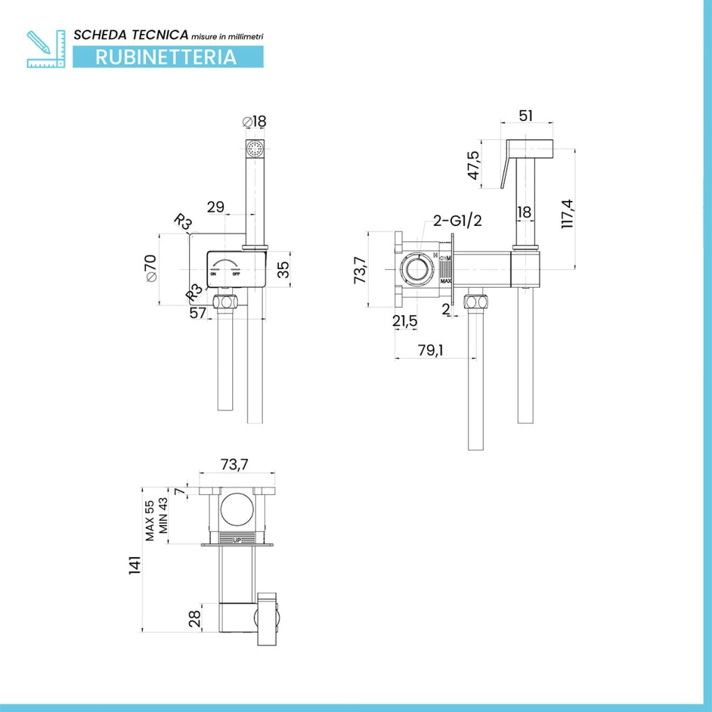 Idroscopino per wc e bidet cromo quadro con miscelatore e flex 120 cm