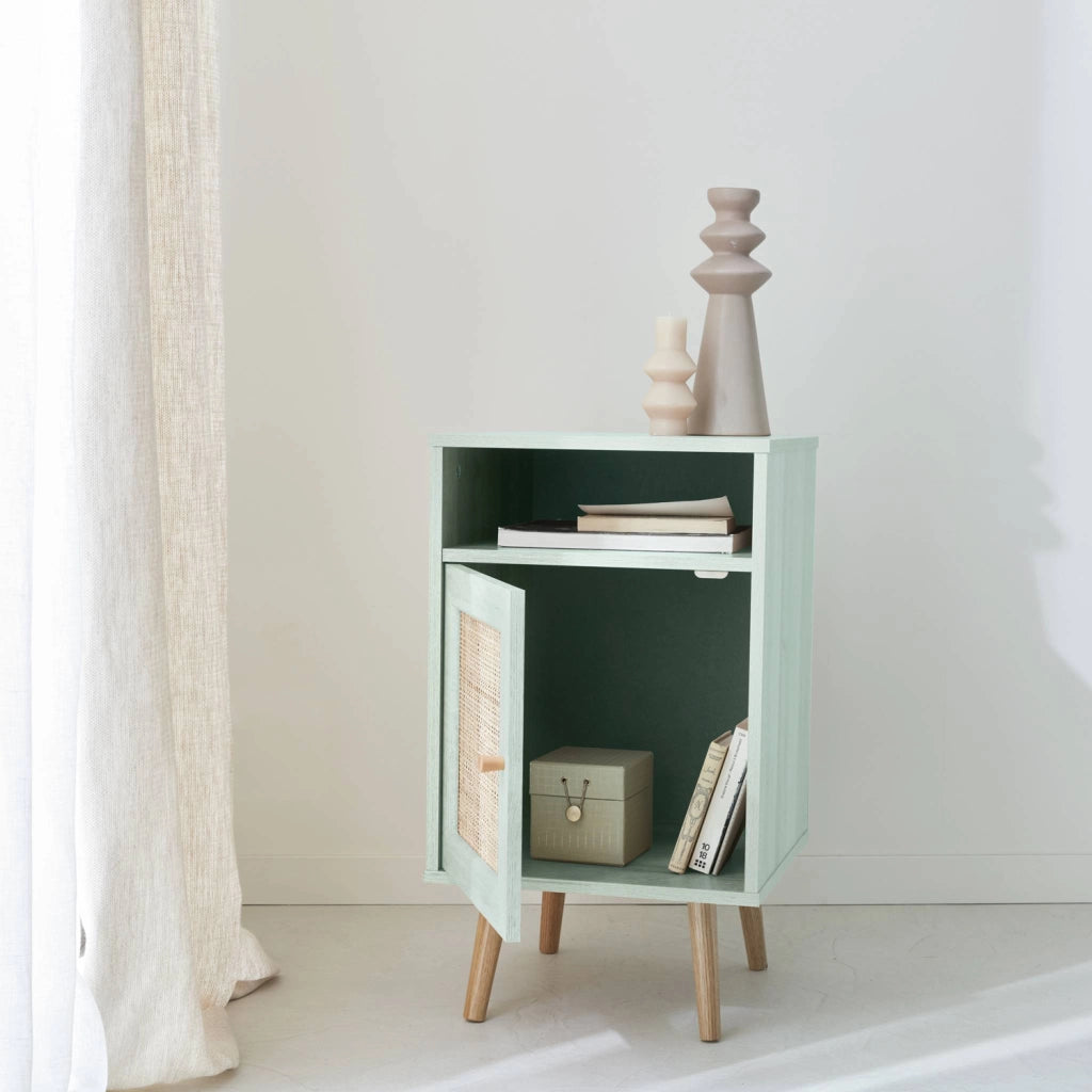 Comodino scandinavo in vimini, verde celadon