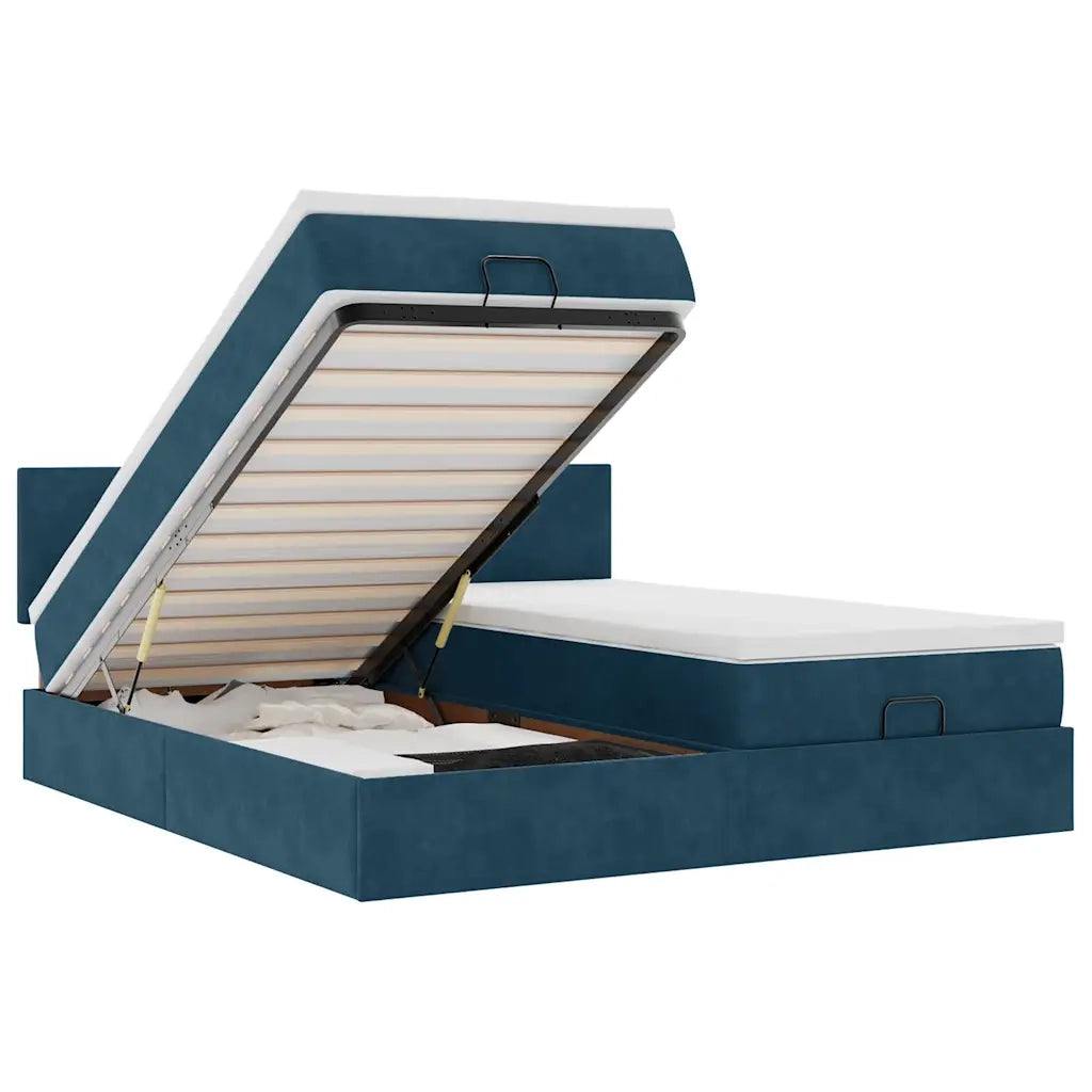 Pouf Letto con Materassi e LED Blu Scuro 200x200cm Velluto