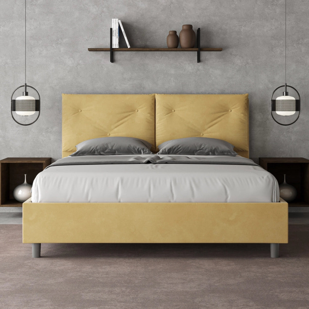BS COM Letto queen size contenitore imbottito 150x200 microfibra ocra Large