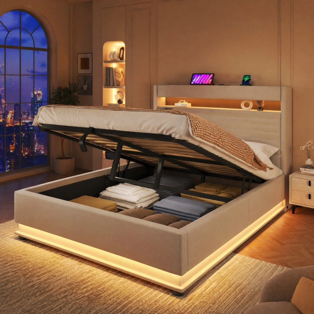 LETTO Contenitore 140x200 cm in lino Beige con LED e USB-C