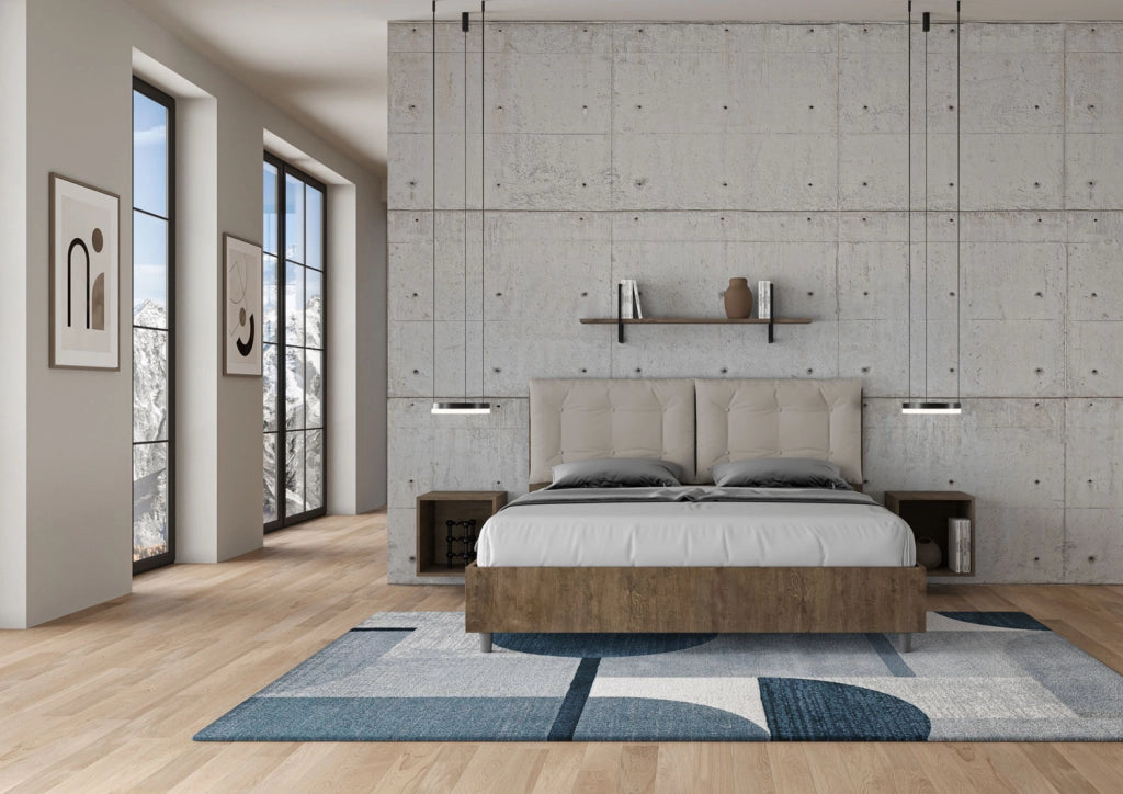 BS COM Letto matrimoniale con rete 160x200 noce cuscini similpelle tortora